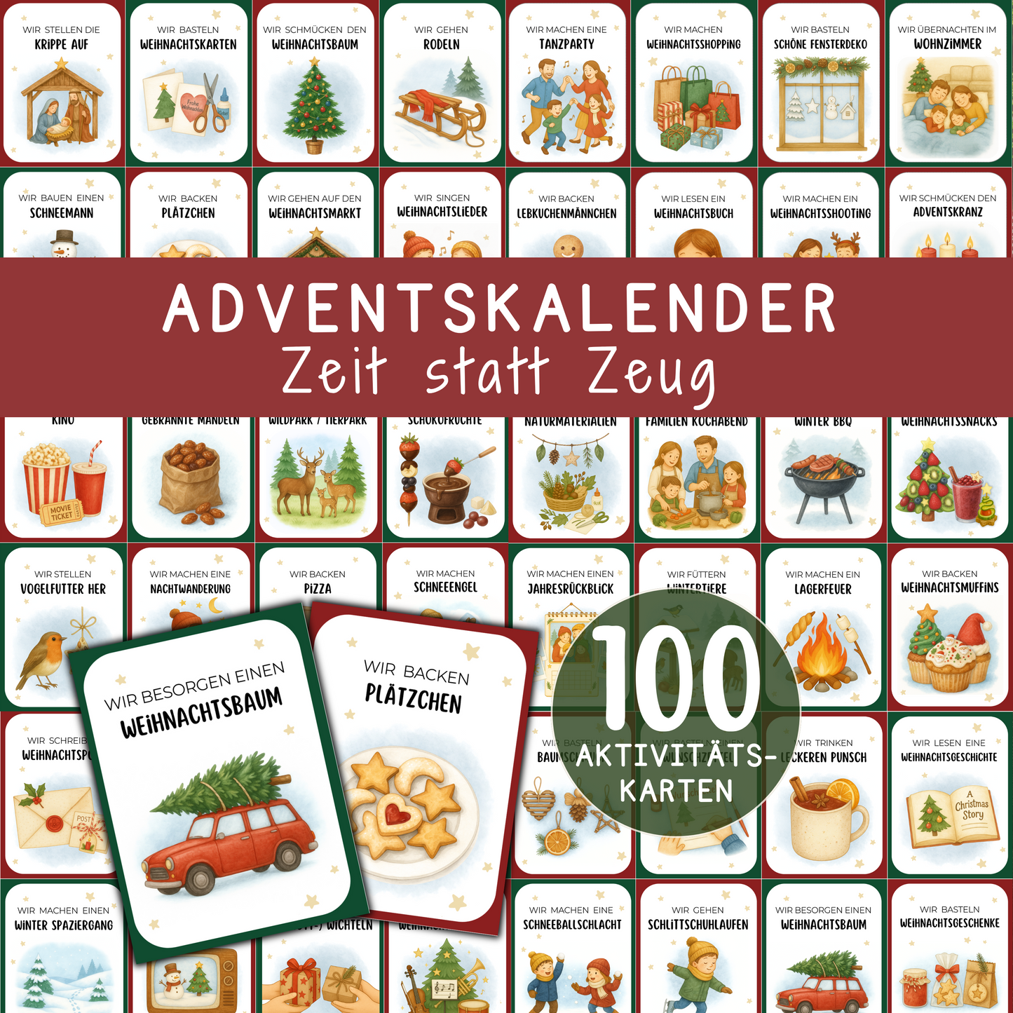 🎄 Adventskalender „Zeit statt Zeug“ | 100 Familienaktivitäten | Mitmach-Adventskalender zum Ausdrucken (PDF)